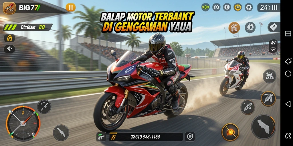 Tampilan gameplay mendebarkan dari balap motor di BIG77.
