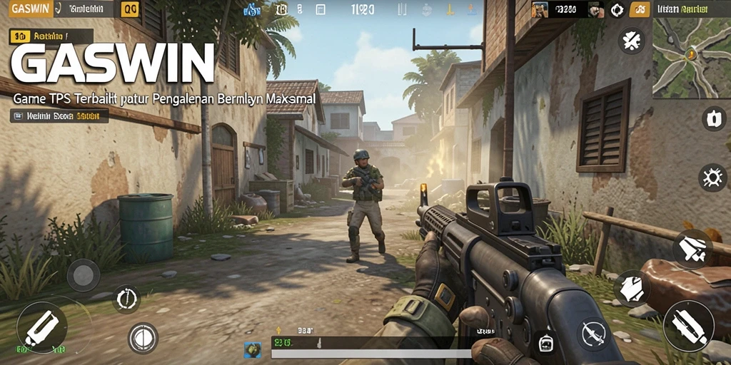 Screenshot gameplay GASWIN yang menampilkan pertempuran mendebarkan dalam lingkungan menakjubkan.