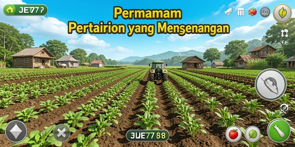 Tangkapan layar dari gameplay JET77 yang menampilkan pertanian yang asri.