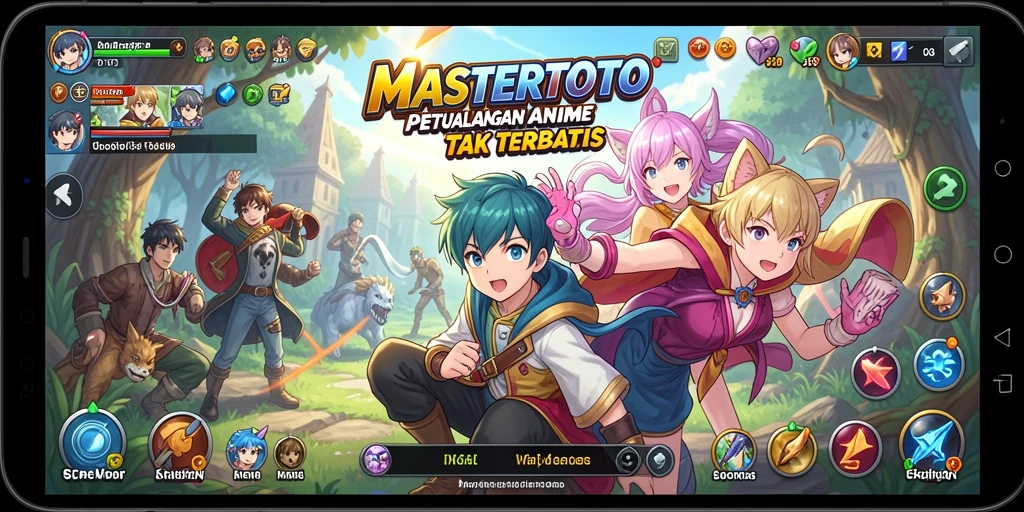 Tampilan gameplay MASTERTOTO menampilkan petualangan anime yang seru dan penuh warna.