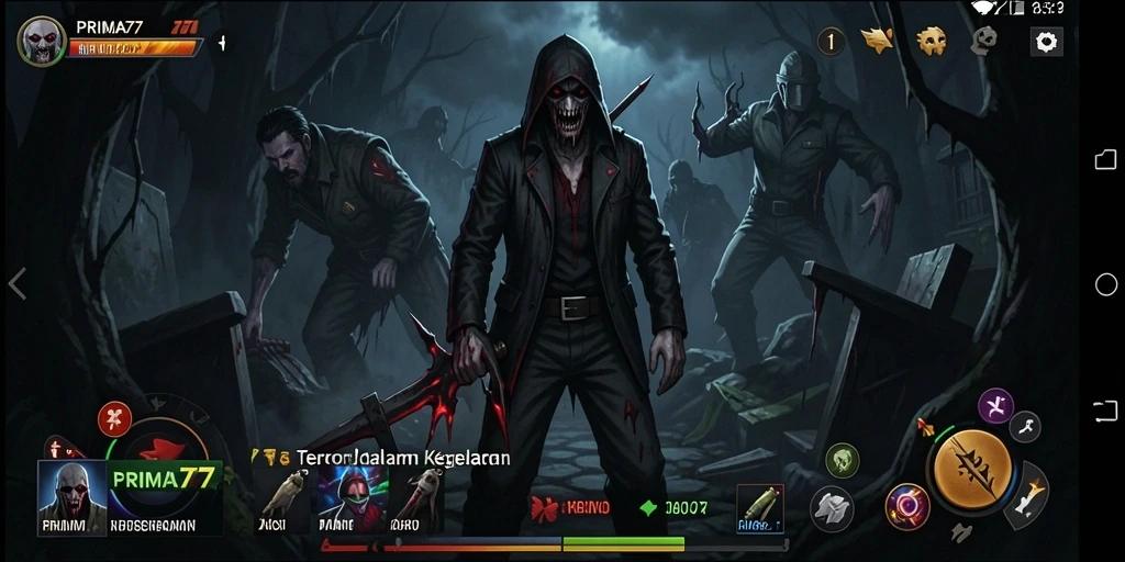 Screenshot utama PRIMA77 menampilkan suasana menyeramkan saat menghadapi hantu.