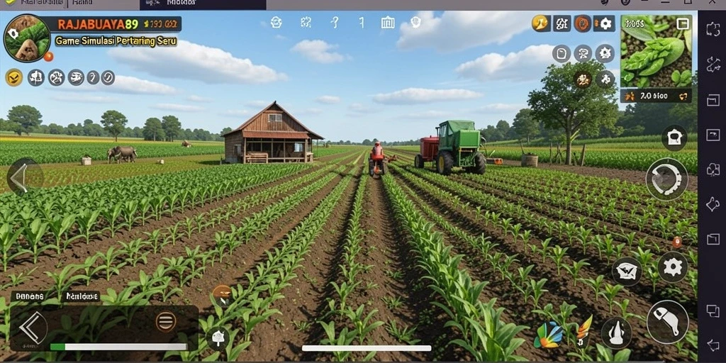 Screenshot gameplay RAJABUAYA89 dengan pemandangan ladang yang indah.