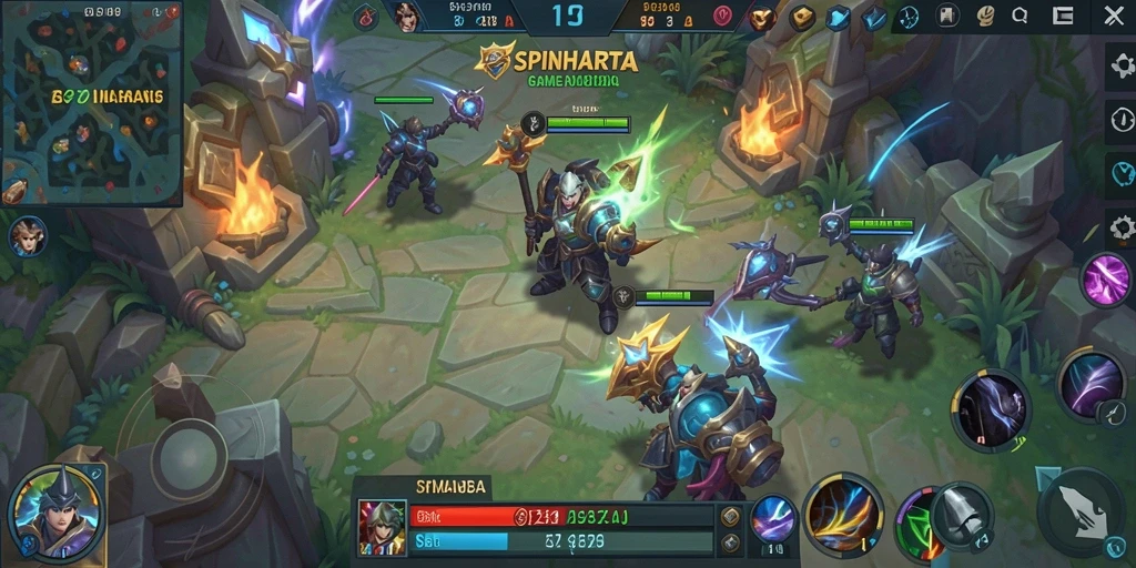 Gambaran mendebarkan dari gameplay MOBA SPINHARTA.